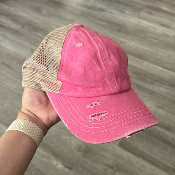 C.C. Distressed Trucker Hat Pink Beige - Picture 2 of 9